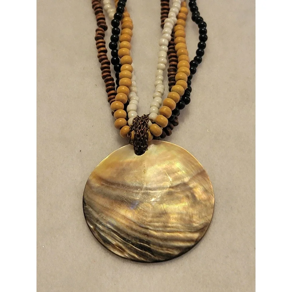 Shell‎ Pendant Necklace Boho Multi Strand Wood Bead Coastal Brown Womens